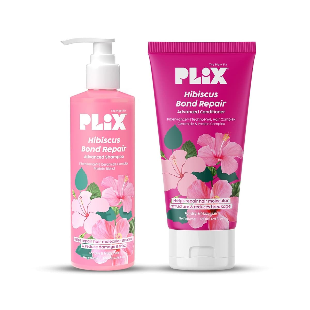 PLIX - THE PLANT FIX - Hibiscus Bond Repair Shampoo (200ml) + Conditioner (175ml) | Repairs Molecular Structure & Reduces Breakage | FiberHance™ & TechnoHYAL Hair Complex
