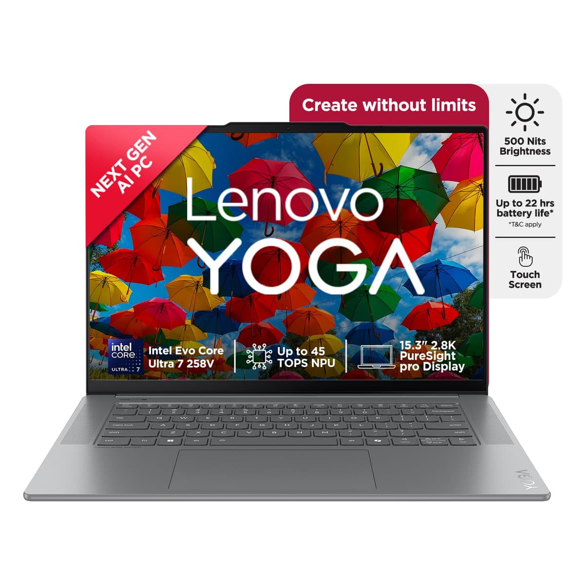 Lenovo Yoga Slim 7 Aura Edition, Intel Core Ultra 7 258V, 32GB RAM, 1TB SSD, WUXGA OLED, Copilot+ AI PC, 47 Tops, 15"/38.8cm, Windows 11, Office 2024, Grey, 1.53Kg, 83HM004NIN, AI Laptop