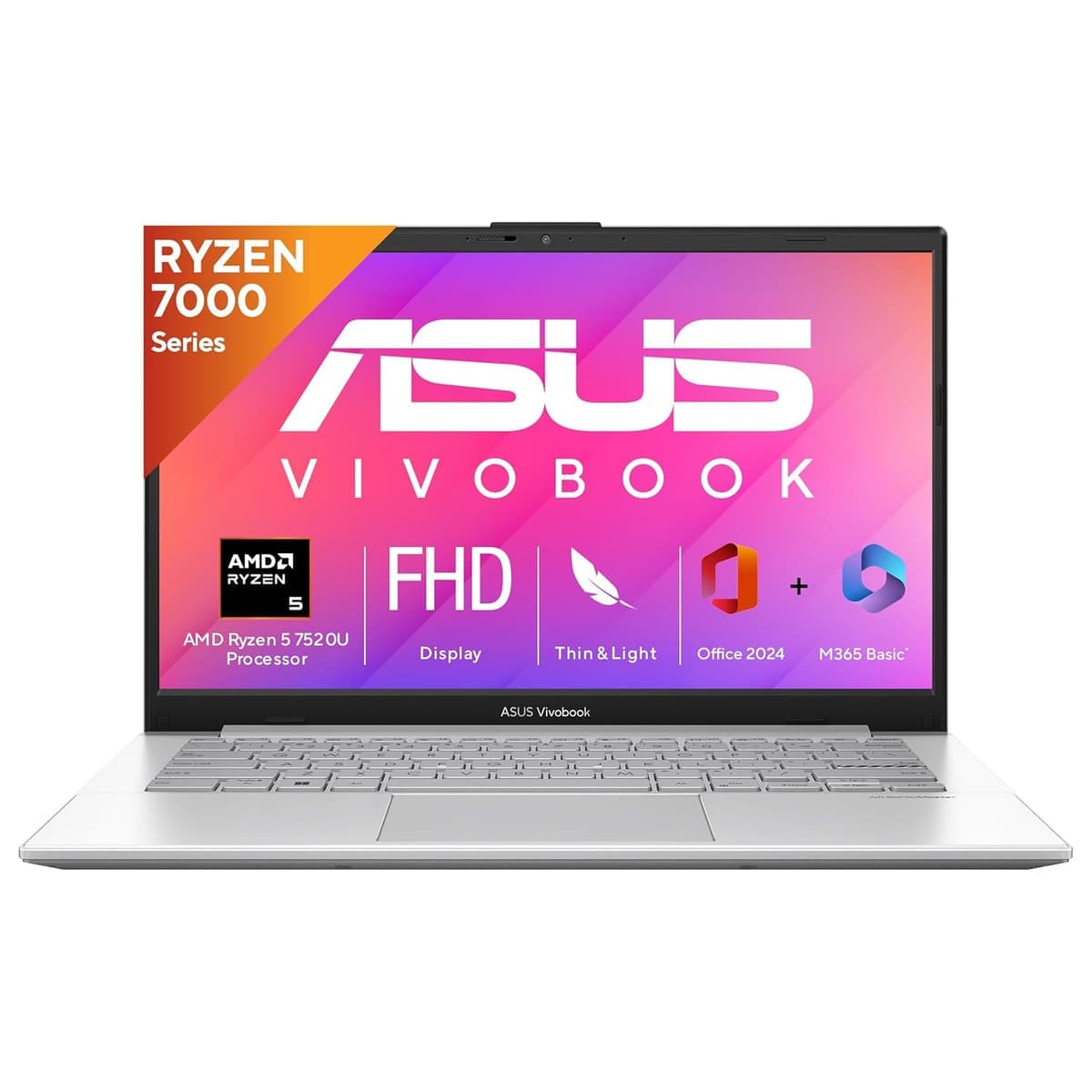 ASUS Vivobook Go 14, AMD Ryzen 5 7520U Processor,(8GB RAM/512GB SSD/14 FHD (1920 x 1080)/Windows 11/M365 Basic (1Year)*/Office Home 2024/Silver/1.38 kg), E1404FA-NK5521WS