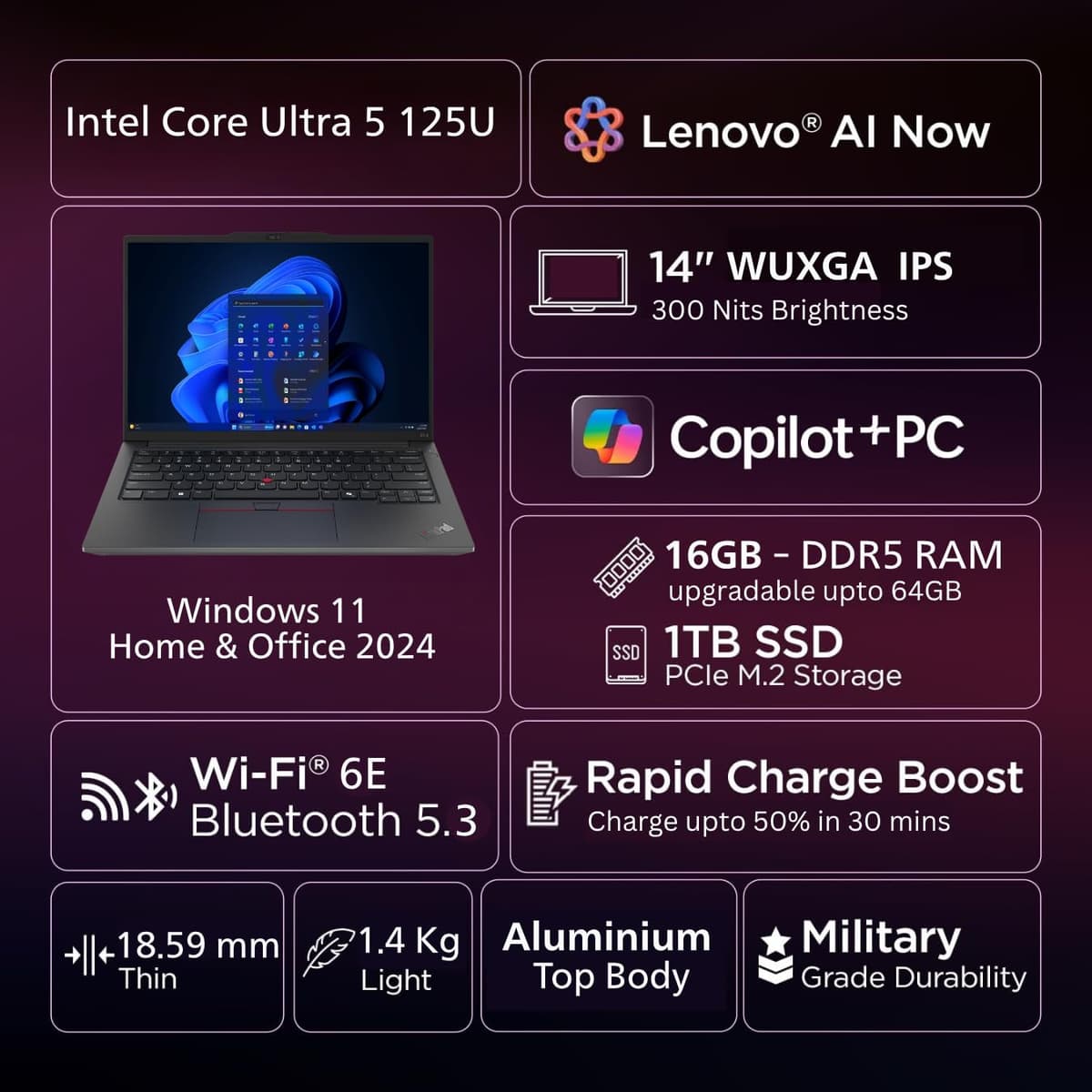 Lenovo ThinkPad E14 AI PC Intel Core Ultra 5 125U | Copilot Key | 16GB RAM | 1TB SSD | 14” WUXGA IPS 300 Nits | Win 11 + Office 2024 | Backlit | Fingerprint | 1.42 kg | 1Y Onsite | Black – 21M7S0SH00