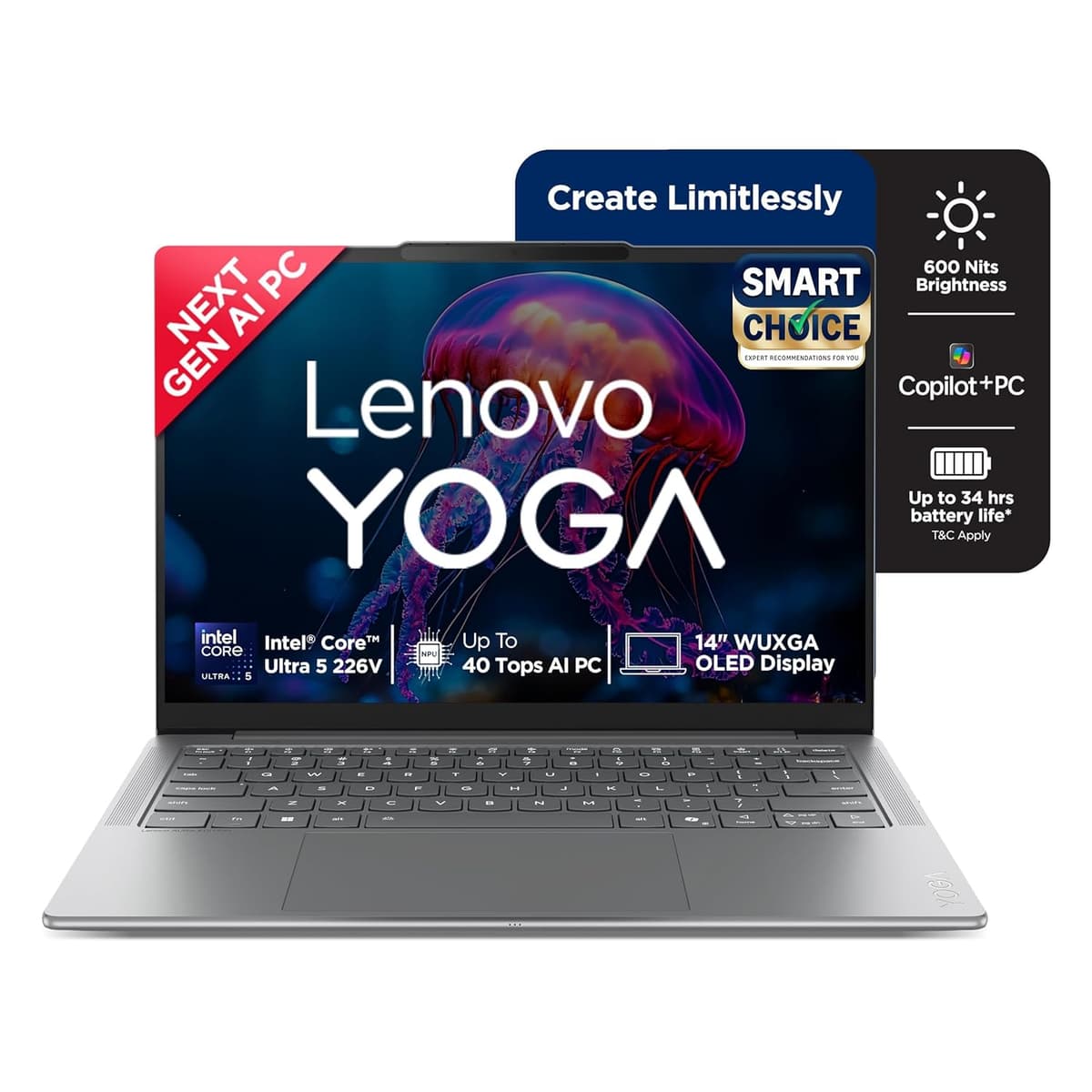 Lenovo Yoga Slim 7 Aura Edition Intel Evo Core Ultra 5 226V (16GB RAM/1TB SSD/14 (35.5cm)/WUXGA OLED/Copilot+ PC/Windows 11/Office Home 2024/1Yr ADP Free/Grey/1.19Kg), 83JX005FIN AI Laptop