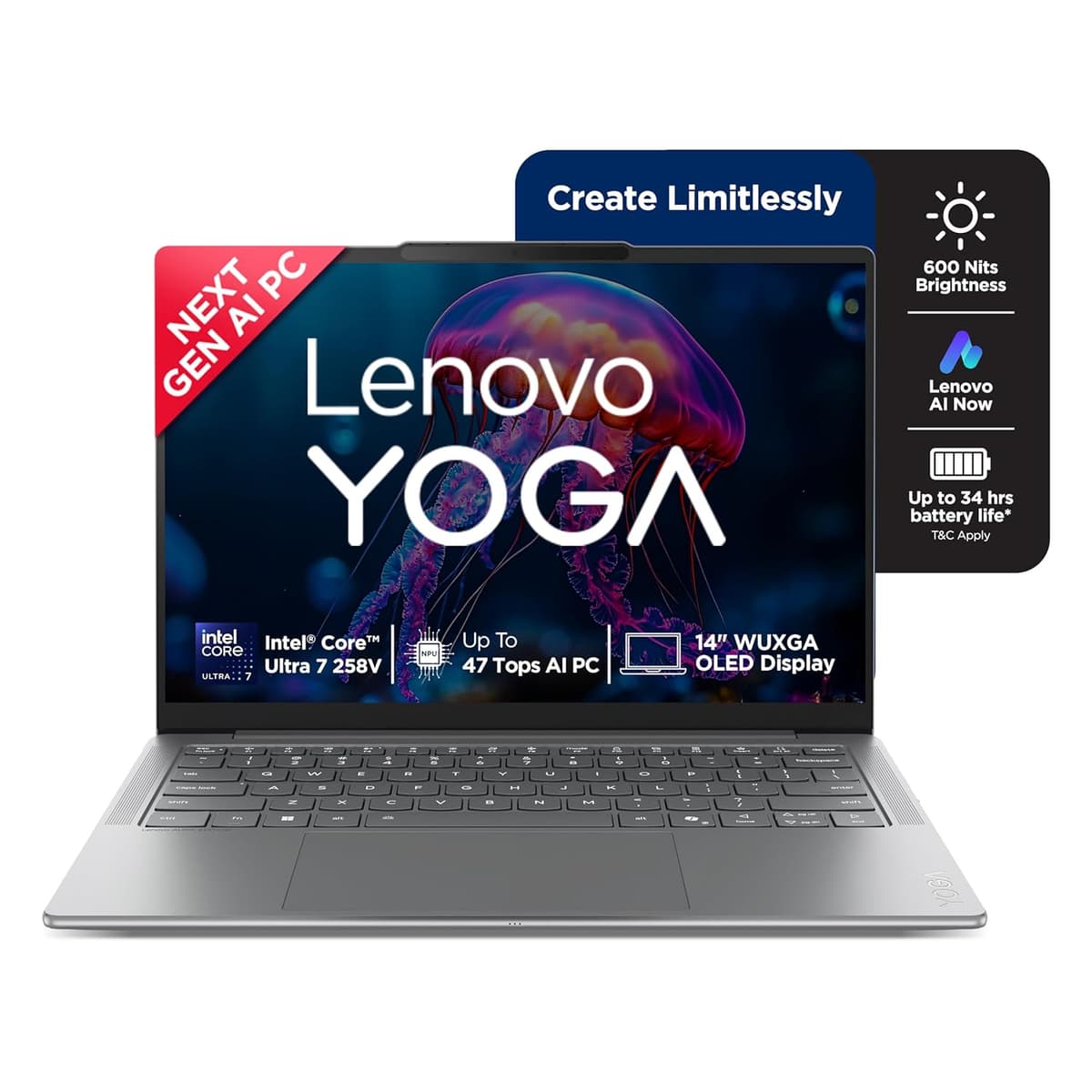 Lenovo Yoga Slim 7 AI Laptop PC 2025 Aura Edition, Intel Core Ultra 7 258V, 32GB RAM, 1TB SSD, OLED, Copilot+ Lenovo AI Now, 47 Tops, 14"/35.5cm, Win 11, Office 24,Grey, 1.2 Kg, 83JX001MIN, AI Laptop