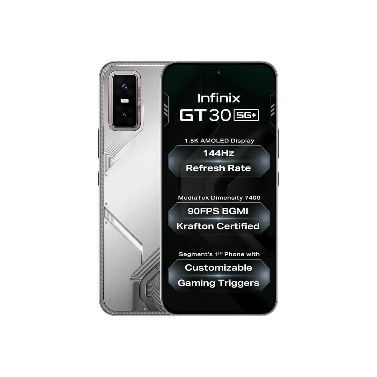 Infinix GT 30 5G+ (Blade White, 8GB RAM, 256GB Storage) | Cyber Mecha Deisgn with LED Lights | 90FPS on BGMI | 1.5K 144Hz AMOLED Display | Segment's 1st Gaming Triggers | 64MP Sony Camera | Infinix AI