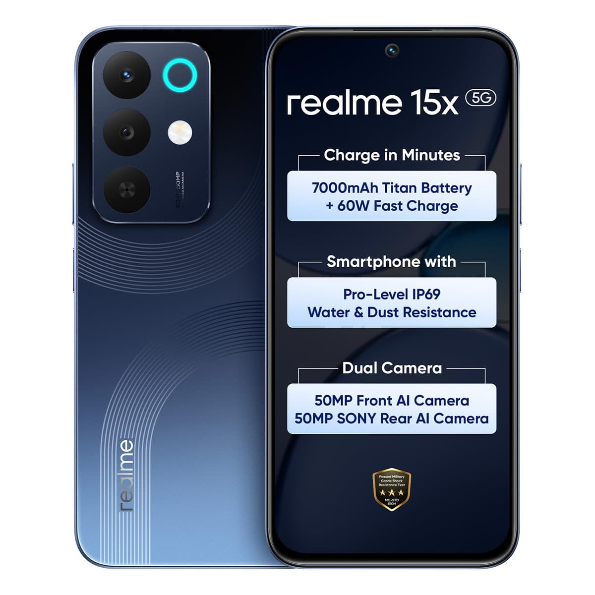 realme 15X 5G Smartphone 6+128GB Marine Blue, 6.8-inch Screen, 144Hz Display,7000mAh Battery, 60W Fast Charging, 50+50MP AI Camera,Dimensity 6300 6nm Octa-core chipset Processor, IP69