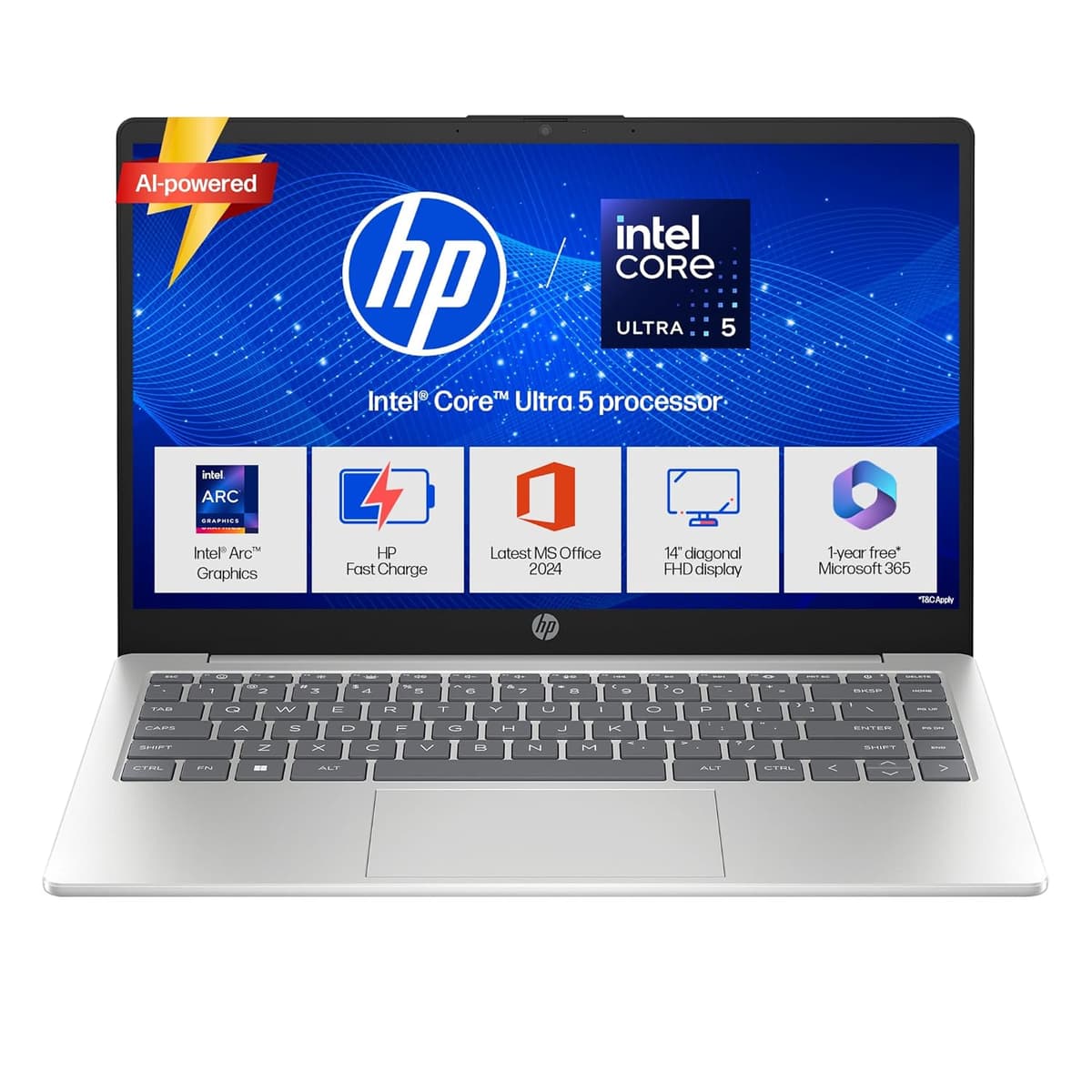 HP 14, Intel Core Ultra 5 125H (16GB DDR5, 512GB SSD), Micro-Edge, Anti-Glare, FHD, 14''/35.6cm, Win11, M365* Office24, Silver, 1.4kg, ep1150TU, FHD Camera, Backlit Laptop