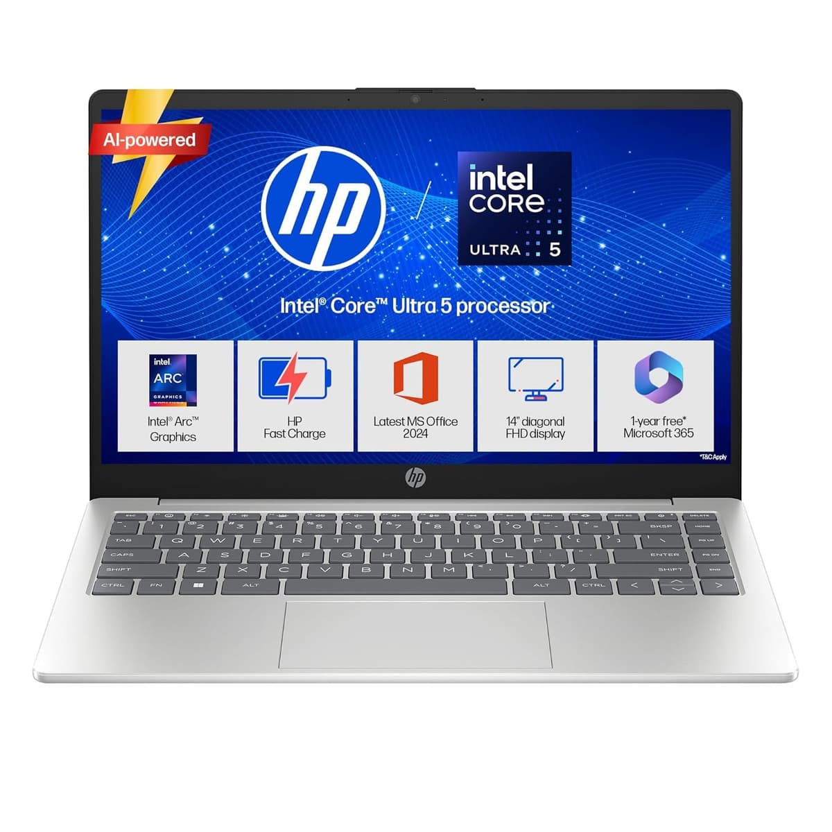 HP 14,Core Ultra 5 125H (16GB DDR5, 512GB SSD), Micro-Edge, Anti-Glare, FHD, 14''/35.6cm, Win11, M365* Office24, Silver, 1.4kg, ep1150TU, FHD Camera, Backlit Laptop