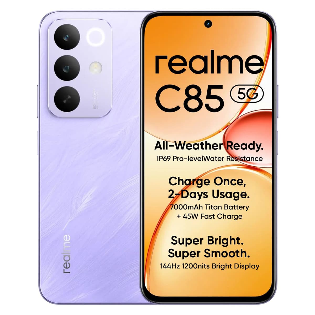 realme C85 5G Smartphone 6+128GB, 6.8inch Screen, 144HZ Vision Display, 45W Fast Charge, 7000mAh Battery, 4+50MP Camera, MediaTek Dimensity 6300, IP69, Parrot Purple