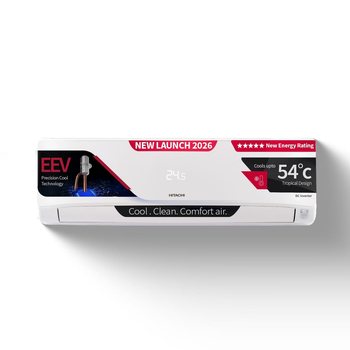 Hitachi 1 Ton 5 Star, New Star rated, Inverter Split AC (Copper, Smart View Display, ice Clean, 4 Way Swing, Anti-Bacterial Filter,RAS.V512PCDIBT, White)