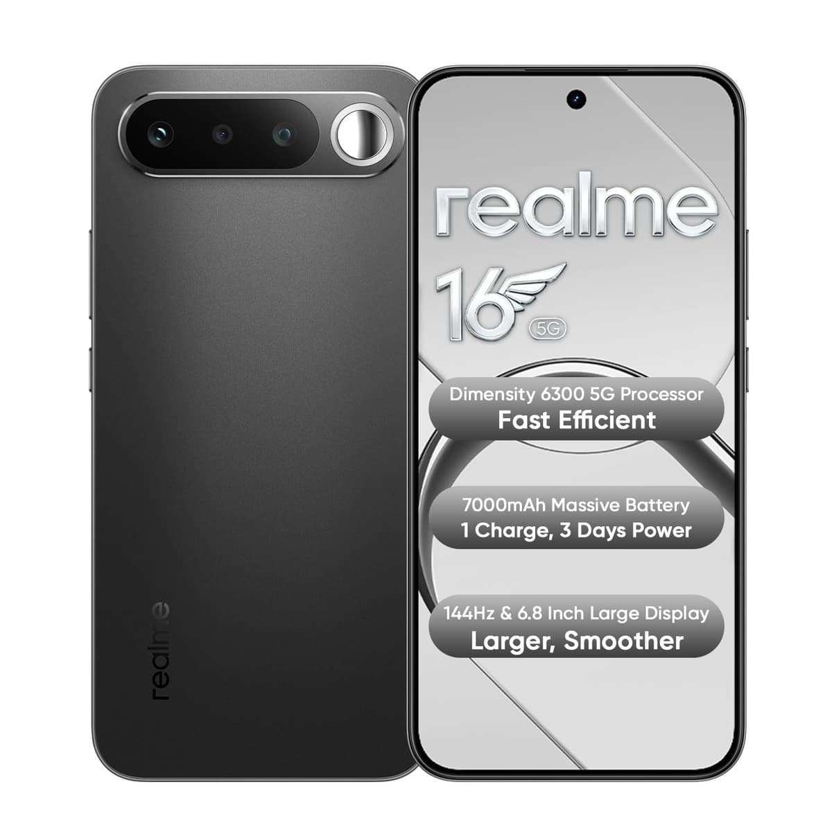 realme 16 5G Smartphone 8+128GB Air Black, 7000mAh Massive Battery + 60W Fast Charging, 120Hz Refresh Rate + AMOLED Smooth Display, 50MP AI Camera System, Dimensity 6400 Turbo Processor, IP69.