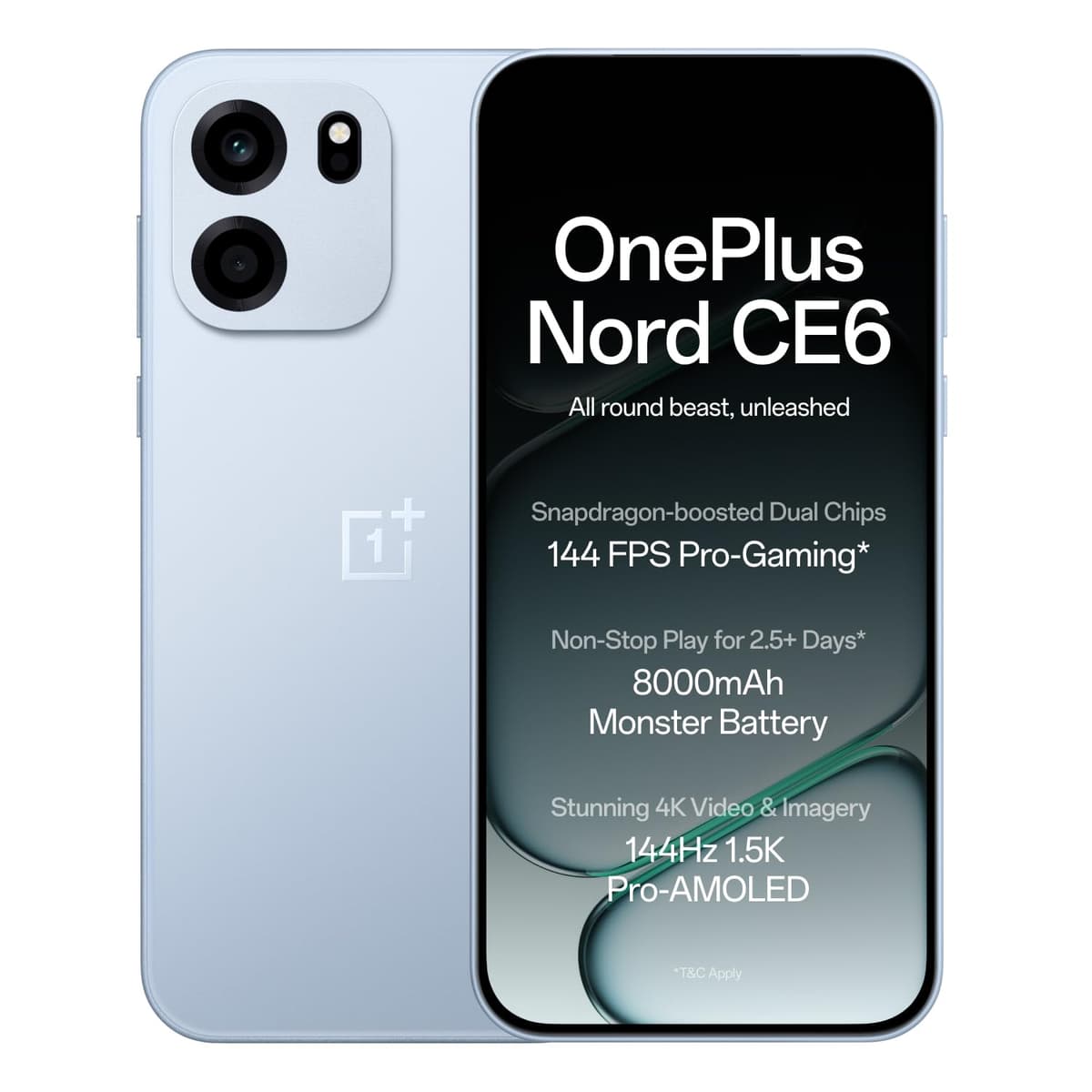 OnePlus Nord CE6 | 8GB+256GB | Fresh Blue | Snapdragon 7s Gen 4 | Segment's Fastest Touch Response | 8000mAh Battery | 144Hz 1.5K AMOLED Display | 50MP Main + 32MP Selfie 4K Cameras | IP66,68,69,69K