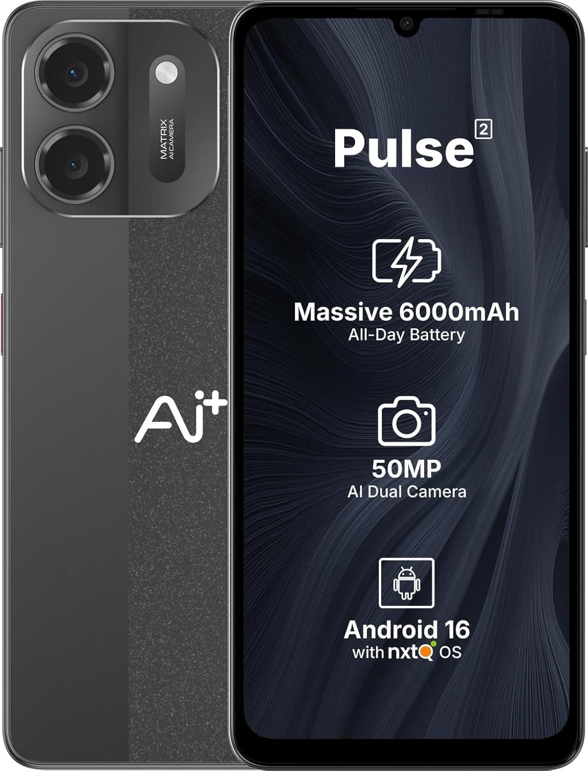 AI+ Pulse 2, 6.745 inch HD+ Display, 4GB RAM, 64GB Storage, 50MP Rear Camera, 6000mAh Battery, Android 16, Black