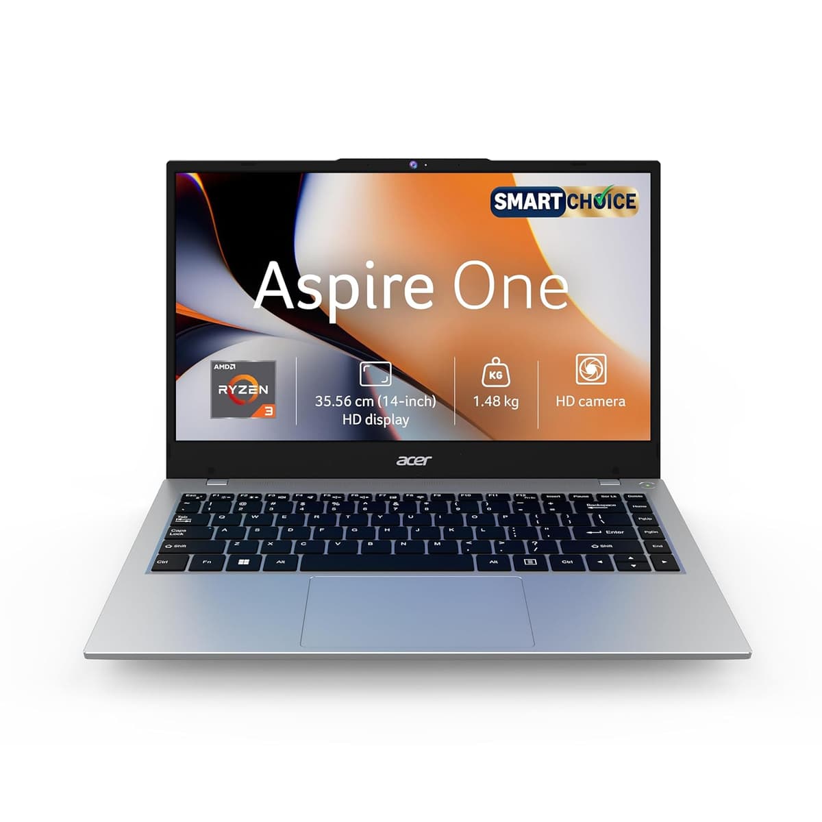 Acer Smartchoice Aspire One, AMD Ryzen 3-7320U, Office 2024 + M365 Basic, 8GB LPDDR5 RAM/ 256GB SSD, 14.0"/35.56cm TN HD Display, Win 11 Home, Pure Silver, 1.48KG, A114-43, Thin and Light Laptop