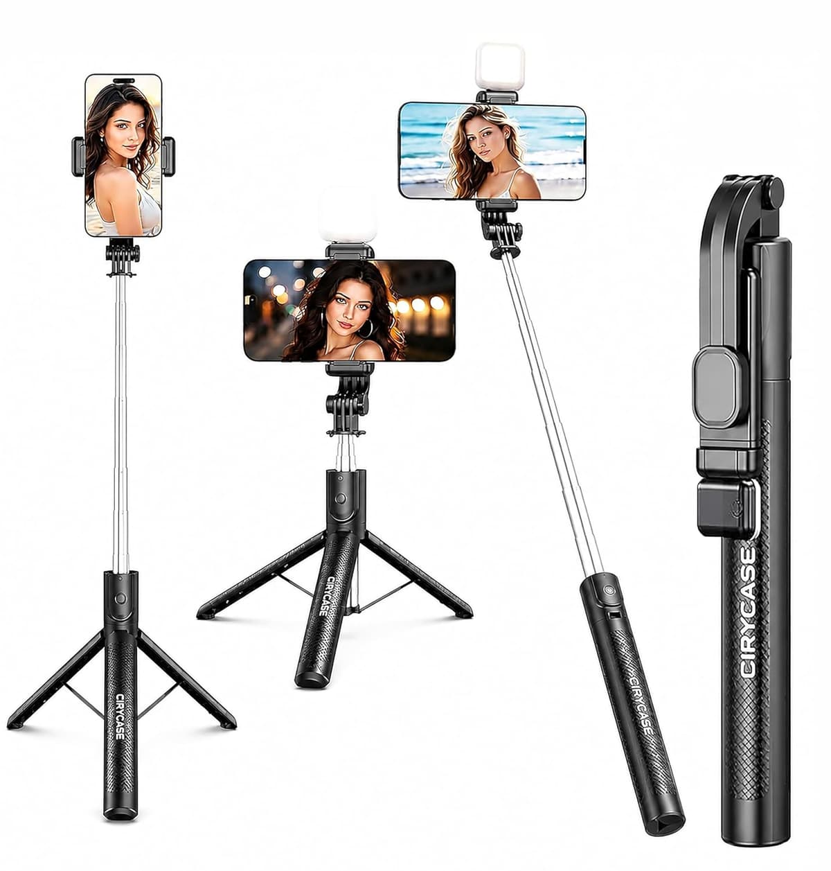 CIRYCASE Selfie Stick Tripod, 170 cm Reinforced, Bluetooth, Multi-Functional, for iPhone and All Smartphones, Travel and Vlogging (Gripd 170 Cm with Light)