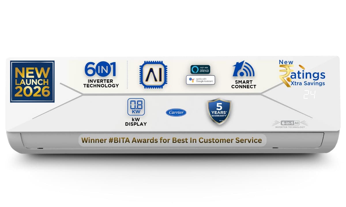 Carrier 2 T 5Star,New Star rated,Wi-Fi Smart Flexicool Inverter Split AC(Copper,Convertible6-in-1withWi-Fi with Geo-Fencing,Smart EnergyDisplay,New star Rating,ESTER EDGE Gxi WiFi-CAI24EE5R36W1,White)