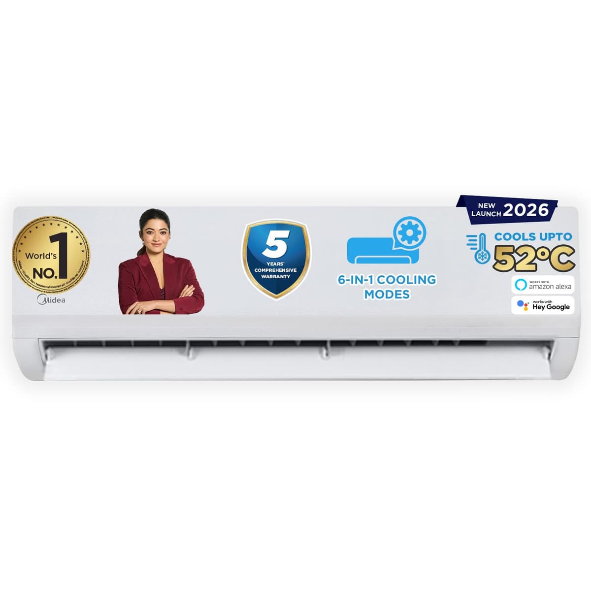 Midea 1.5 Ton 5 Star, New Star Rated, Wifi Inverter Split AC with 6-in-1 Convertible Cooling, Turbo Mode, Heavy Duty Cooling at 52℃, Auto Clean&HD+PM 2.5 Filter(Copper, AC 1.5Ton MAI18SR5R36W0, White)