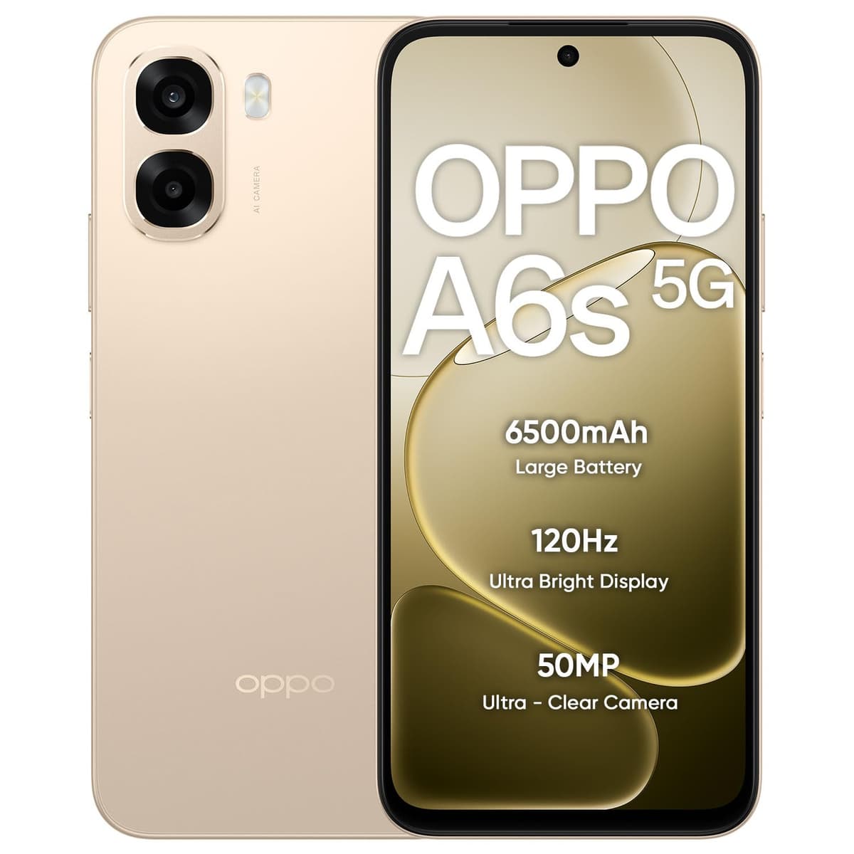OPPO A6s 5G Smartphone 4+128GB Gold, 6.7-inch HD+ 120Hz Bright Display, 6500mAh Large Battery, 5MP Front Camera & 50MP Camera, MediaTek Dimensity 6300 Mobile Platform, IP64