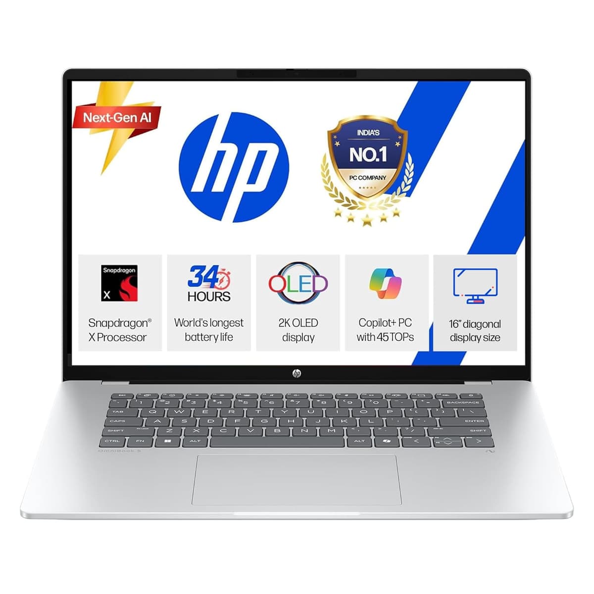 HP Omnibook 5 OLED (Previously Pavilion), Snapdragon X Processor (16GB LPDDR5x,1TB SSD) OLED 2K,16''/40.6cm, Win11, M365*Office24, Glacier Silver, 1.59kg, fb0001QU, Backlit, Next-Gen AI Laptop